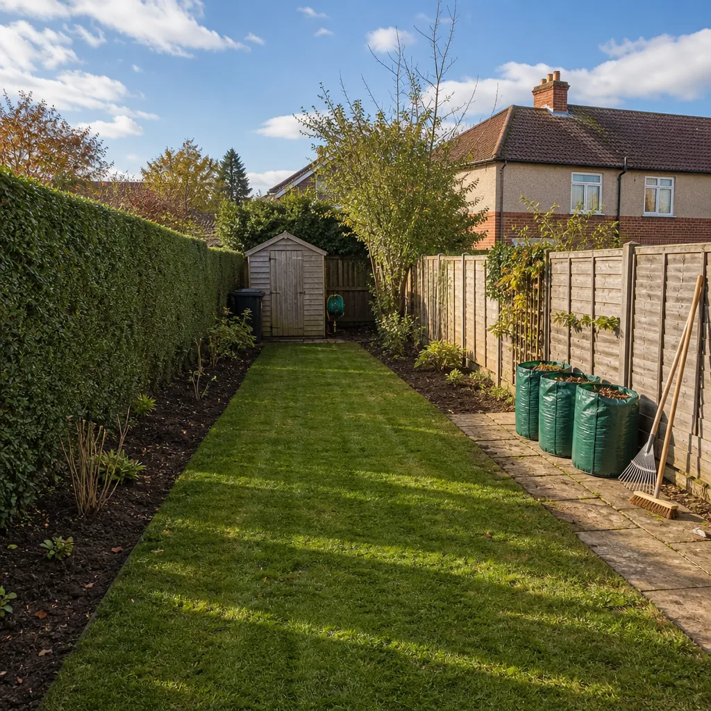 Cleared rear garden with a mown lawn, cut-back borders and bagged arisings on the path