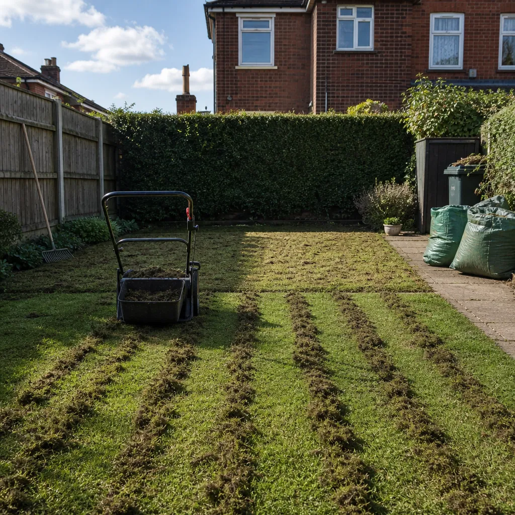 Scarifier on a lawn part-way through, with raked-out moss lying in dark rows